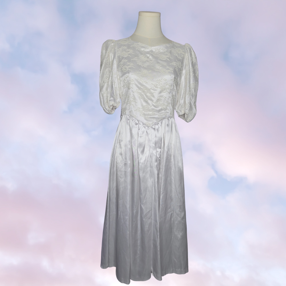 80s Vtg Handmade Midi Satin White Zip Up Formal Lace Bow Formal Dress XS